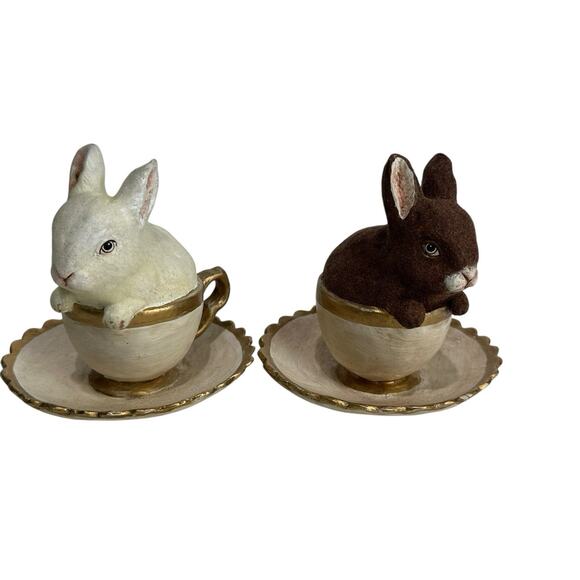 bethany lowe bunny in a teacup Paper Mache Set of 2 - Picture 1 of 8